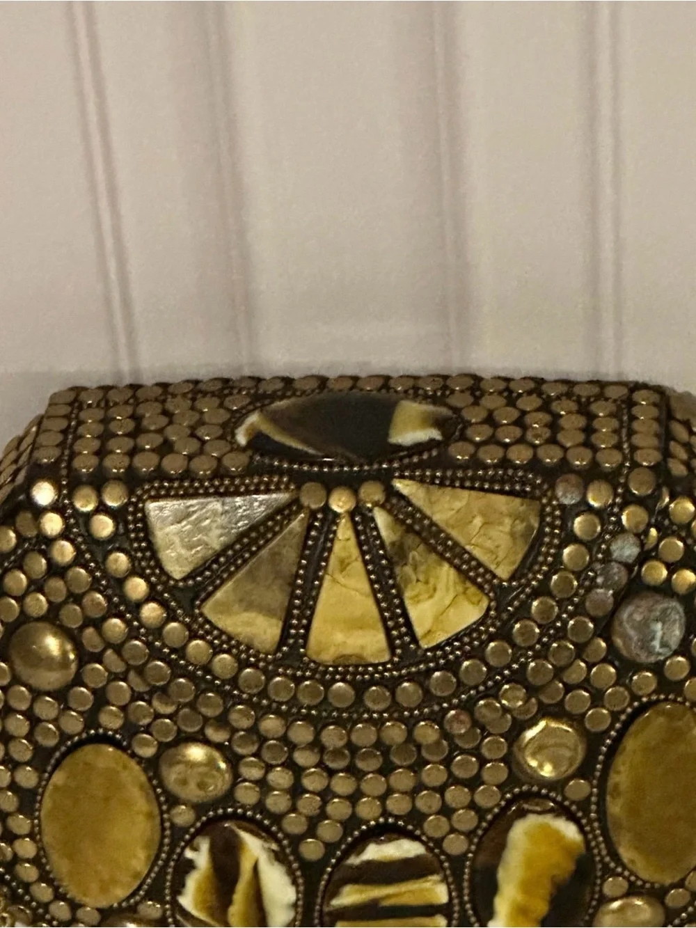 Vintage Brass Mosaic Clutch Boho Hard Case Evening Bag Stones Crossbody